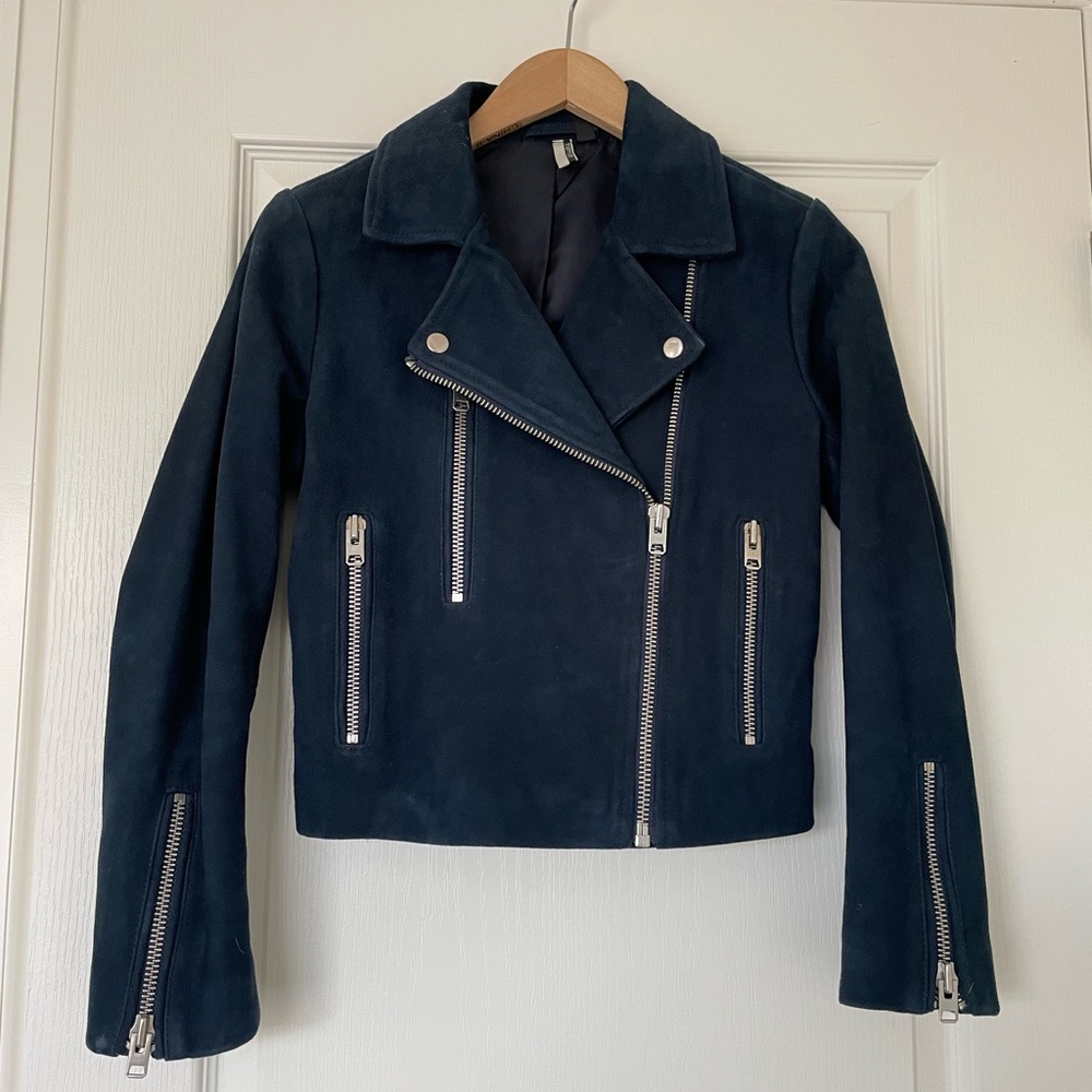 Topshop navy suede biker jacket